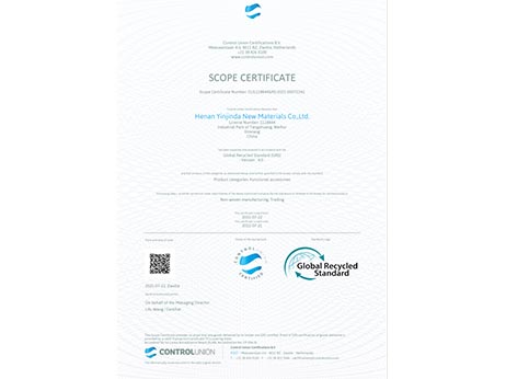 Yinjinda New Materials Co., Ltd. passed the global Recycling Standards (GRS) system certification and obtained the certificate.